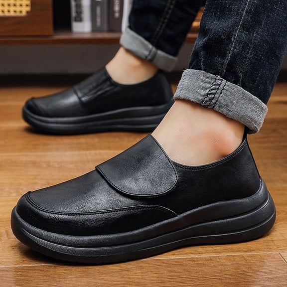 Men's Velcro Strap Thick Platform Slip-On Leather Casual Shoes
