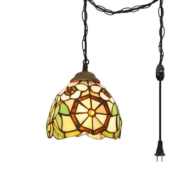 Kiven Plug in Pendant Light,Tiffany Hanging Light with Iron Lampshade and 15FT Plug-in Cord, Dimmable Ceiling Pendant Light for Bedroom Hallway Foyer Kitchen Island, 1-Light