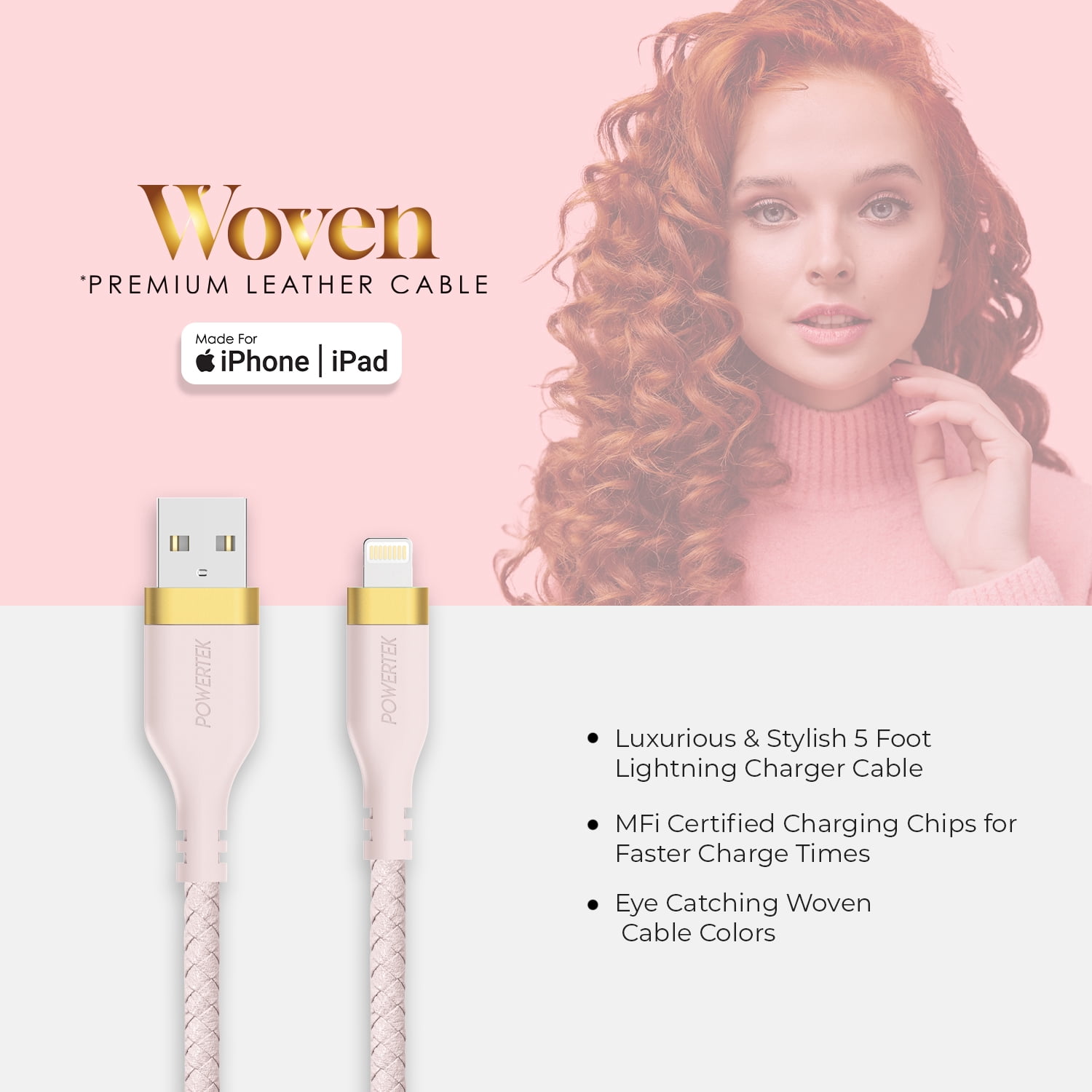 Liquipel Powertek Woven USB-A to Lightning - Pink