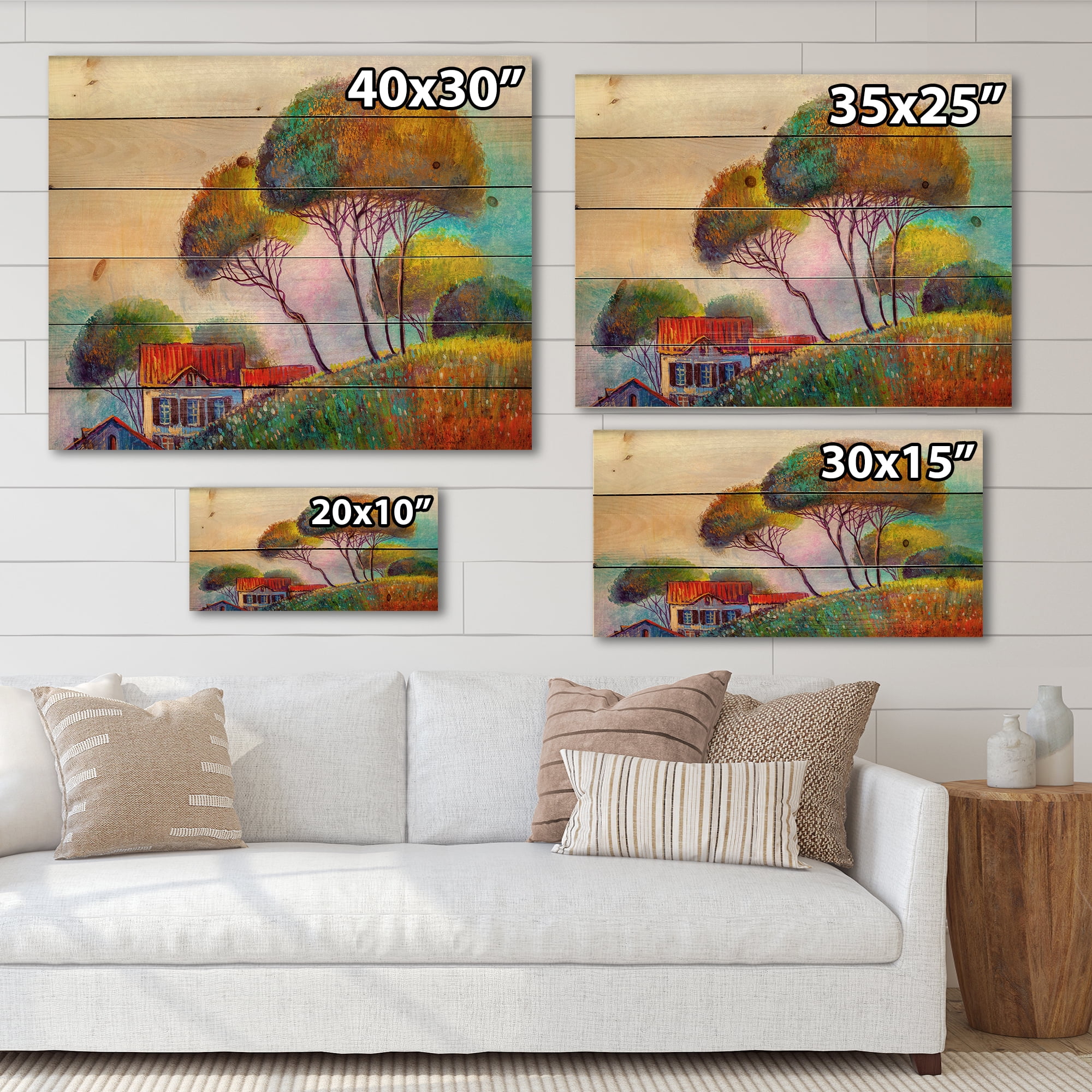 Designart 'Beautiful Village House On A Hot Summer Day' Modern Print on Natural Pine Wood