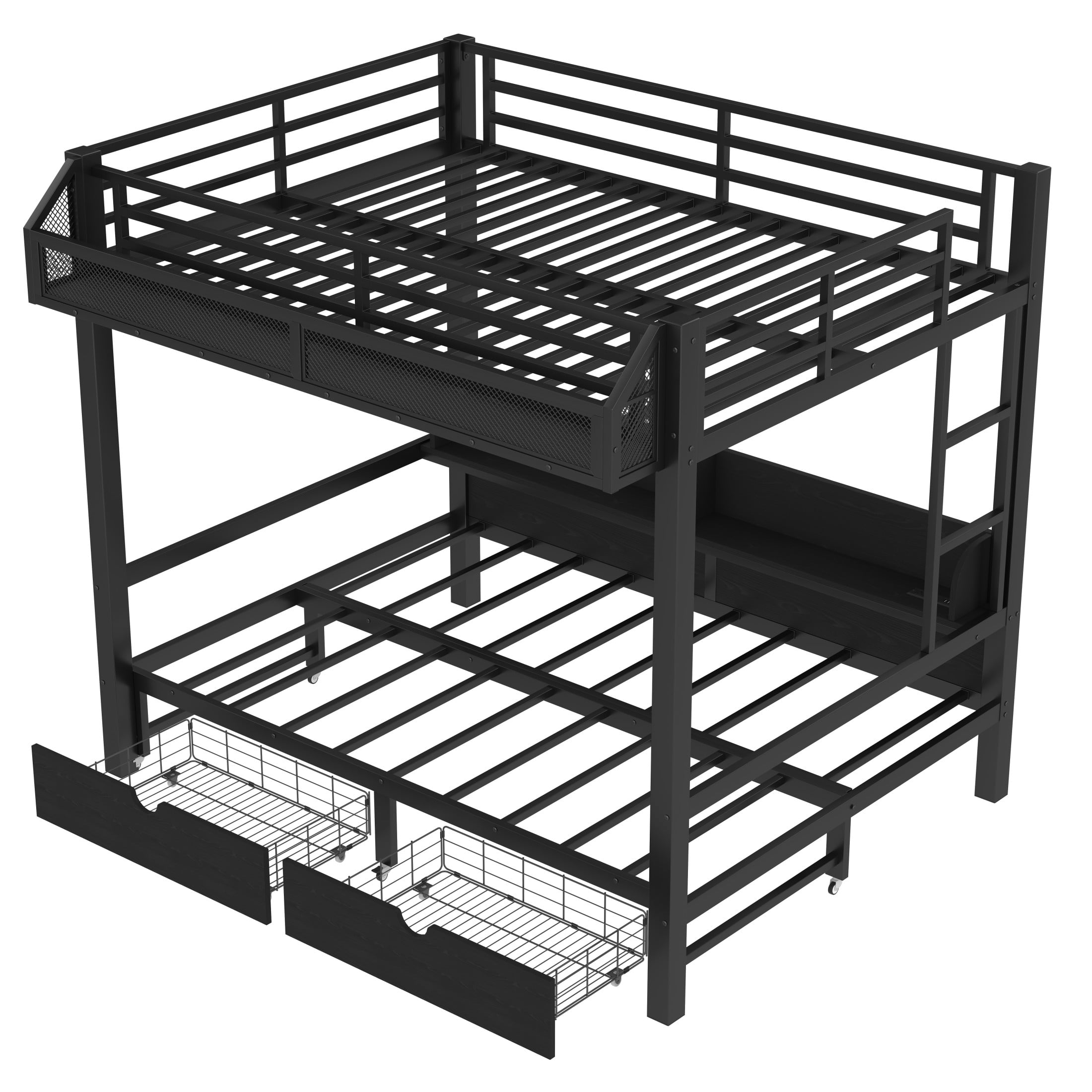 Aukfa Full over Full Metal Bunk Bed with Storage Drawers, Shelves, USB Ports & LED Lights, Convertible Bottom Sofa Bed, Heavy-Duty Bed Frame for Kids Teens Adults, Black