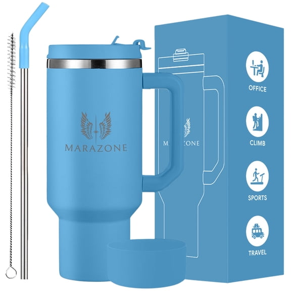 MARAZONE 40 oz Stainless Steel Insulated Tumbler with Handle and Straw, Vacuum Sealed Travel Cup for Hot and Cold Drinks, Cup Holder Friendly- Sky Blue