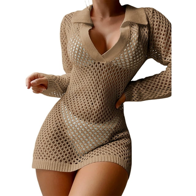 Kmbangi Robe de Plage en Tricot Ajouré pour Femmes, Manches Longues, Col à Revers, Maillot de Bain