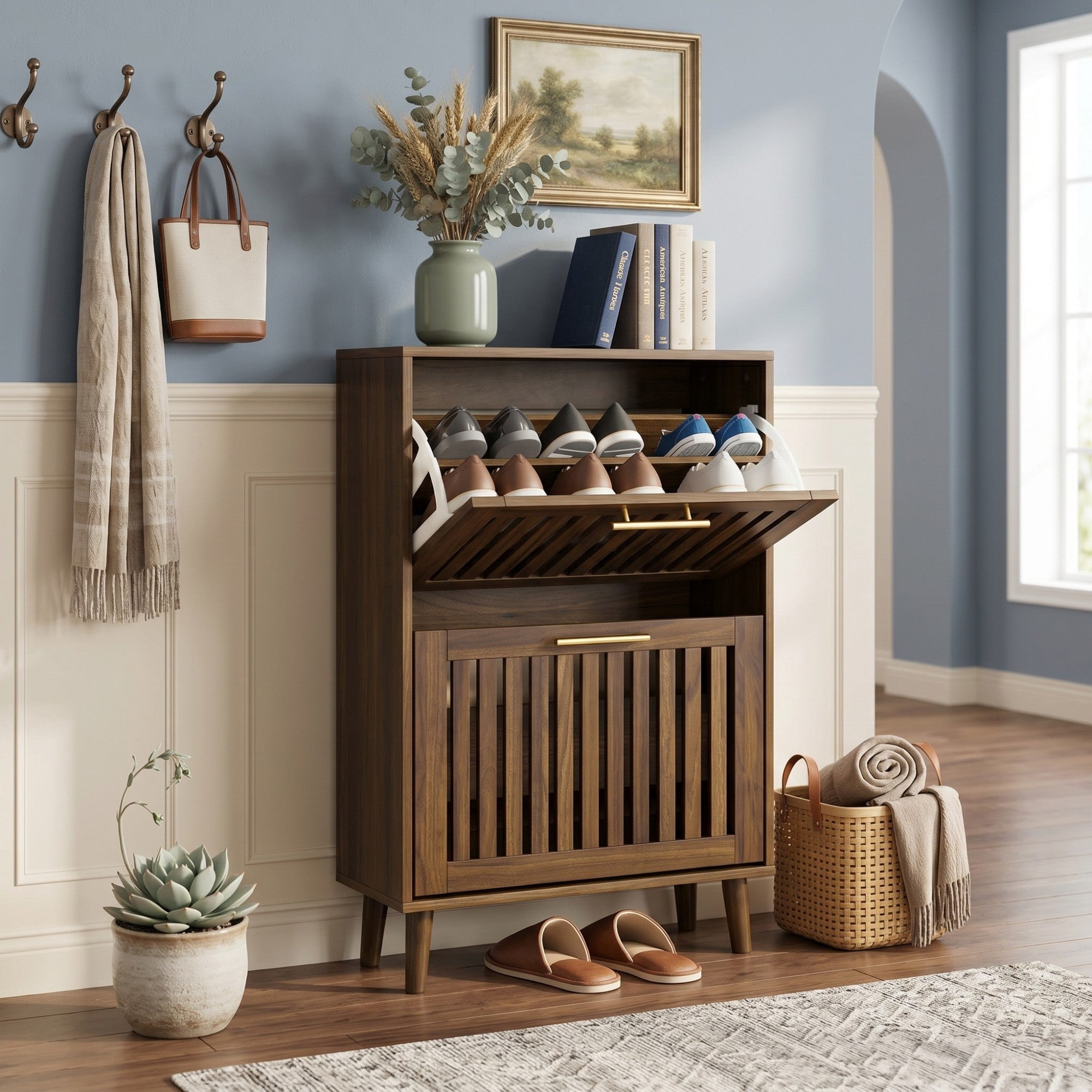 Sailvan 23.6" Walnut Shoe Cabinet, Mid-Century Modern Freestanding Fence Cabinet with 2 Flip Drawers