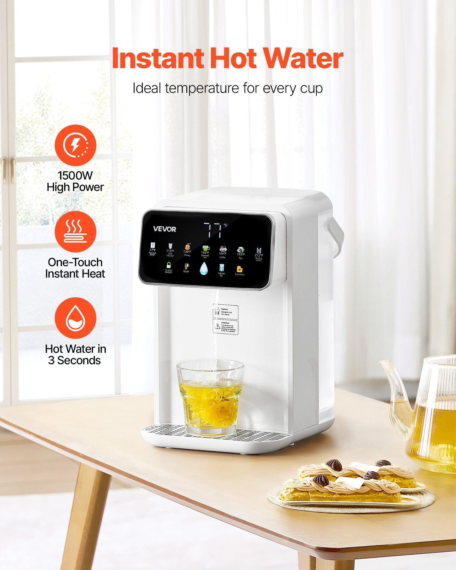 Instant Hot Water Dispenser Adjustable 7 Temperatures 7 Water Volumes 118oz Removable Tank Quick Heating Touchscreen Child Lock