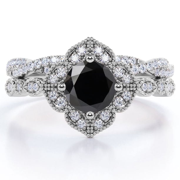 Anillo Nupcial JeenMata con Diseño Floral Milgrain Art Deco 1,5 Quilates en Pavé Cruzado de Moissanita y Diamantes Negros en Plata con Baño de Oro Blanco de 18 K