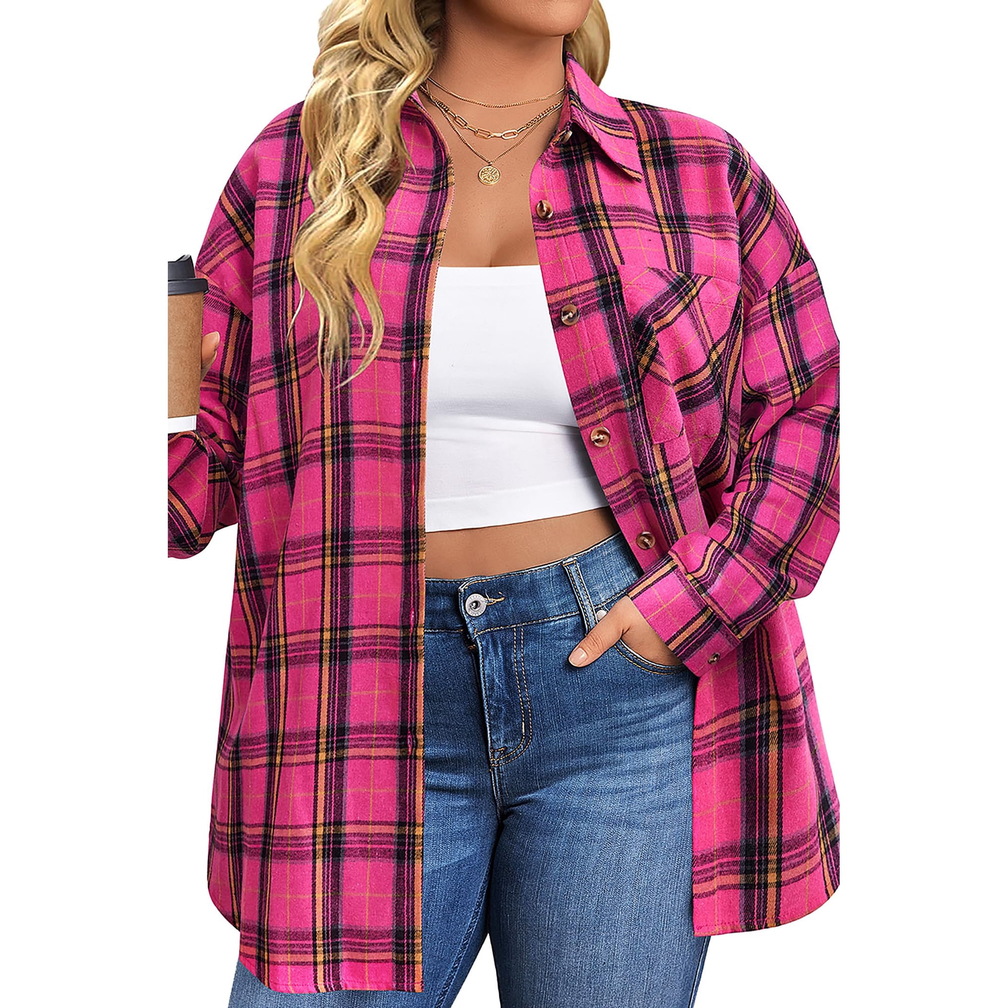 Fantaslook Plus Size Flannel Plaid Shirts for Women Long Sleeve Button Down Shirts Casual Loose Blouses Tops