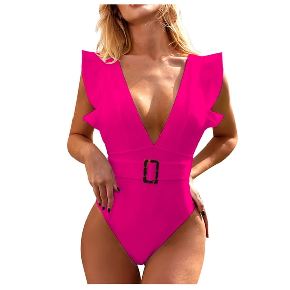 Women's Sexy One Piece Swimsuits Deep V Neck Ruffle Tummy Control Bathing Suits Backless Strappy Swimwear with Belt Hot Pink L