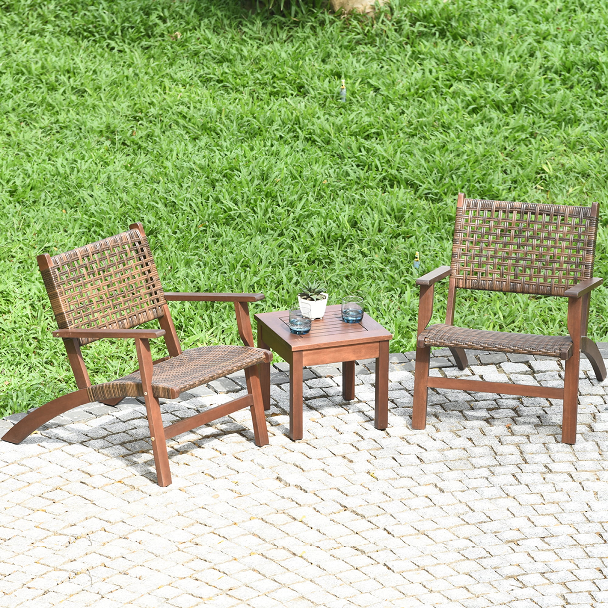 Costway 3PCS  Patio Rattan Furniture Set  Solid Eucalyptus Wood Frame Bistro Set with Coffee Table Patio Conversation Set (Brown)