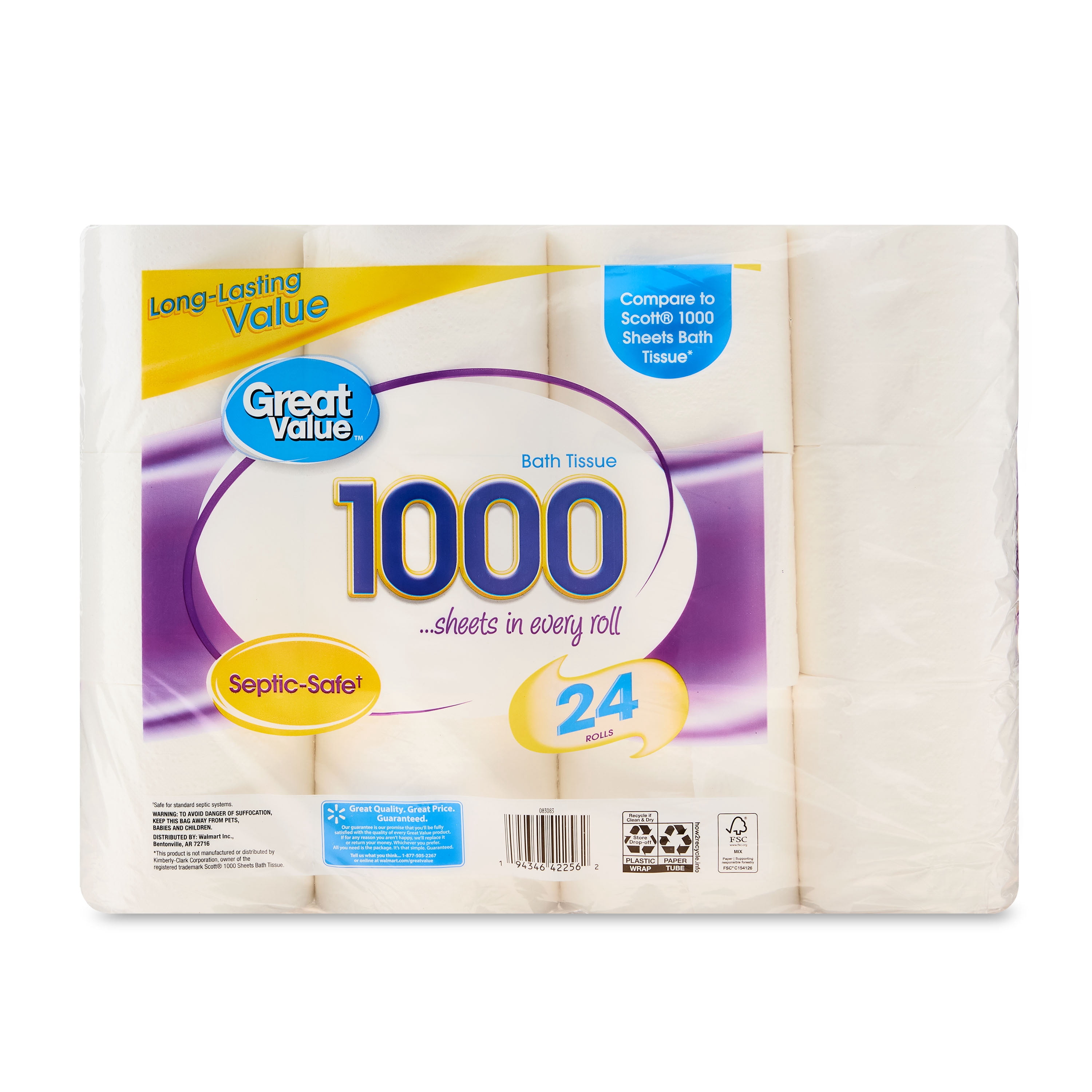 Great Value 1000 Sheets per Roll Toilet Paper, 24 Rolls