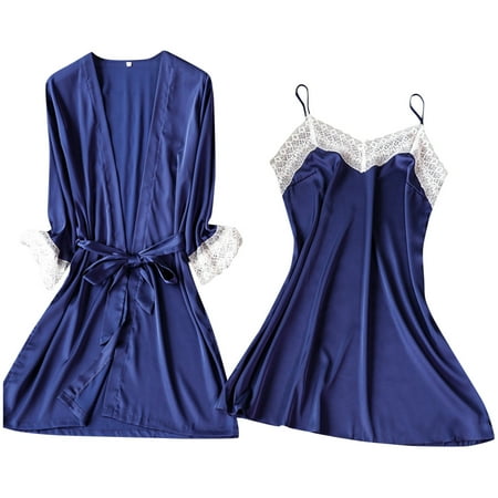 

Wozhidaoke dresses for women 2023 Lace Solid Color Suspender Nightgown Long Sleeved Gown Suit womens dresses dresses for women