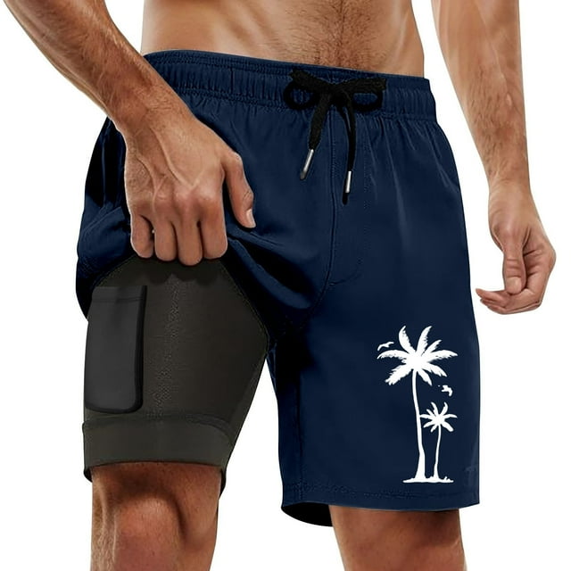 Mens Swim Trunks With Compression Liner 2 In 1 Swimming Shorts Summer Casual Plus Size Sports Coconut Tree Print Double Beach Pants Quick Dry Bathing Suits