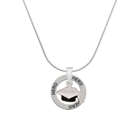 Delight Jewelry Silvertone 3-D Graduation Hat with 2024 Hero Ring Charm Necklace, 18"