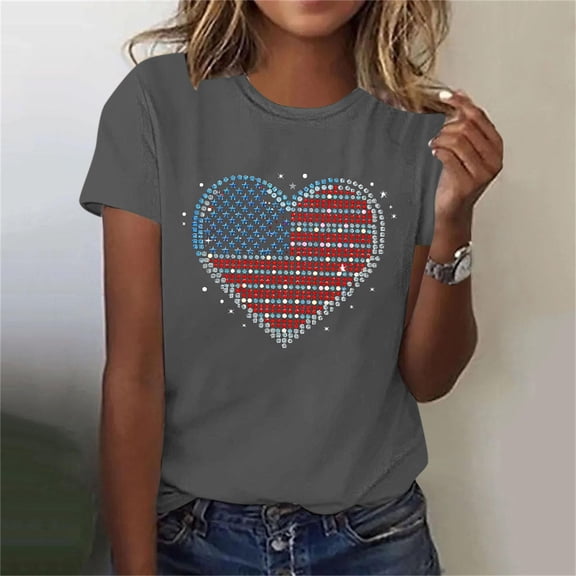 Xdegoge 4th of July Faux Rhinestone Flag Heart Graphic T Shirt for Women Short Sleeve Crewneck Patriotic USA Pride Summer Casual Loose Graphic Tees Tops