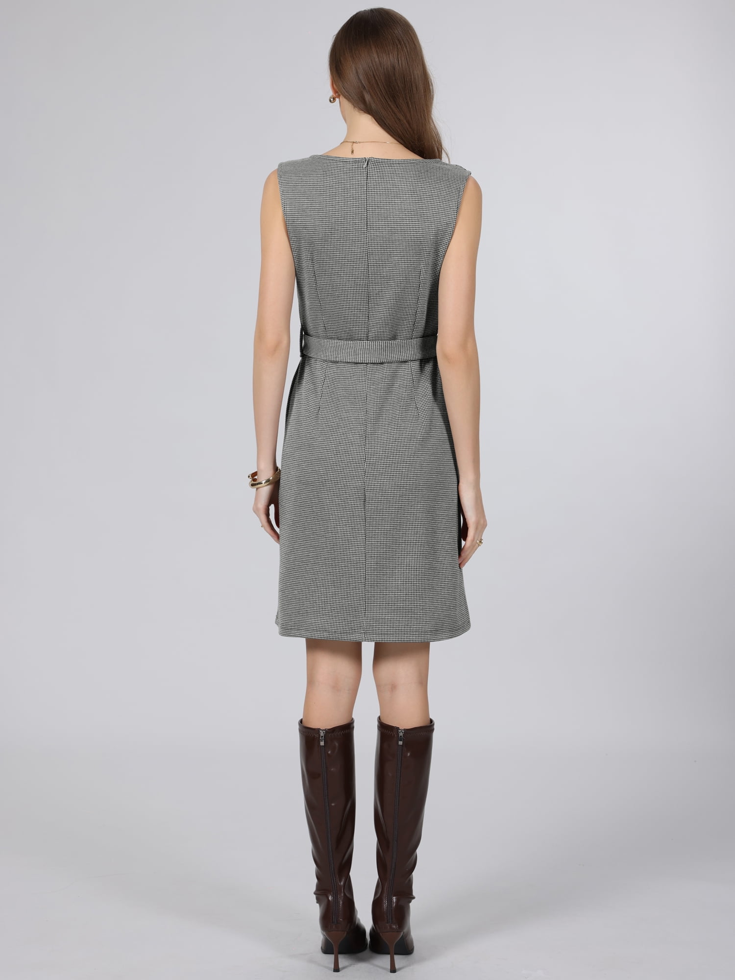 DARING DIVA Women's Houndstooth Sleeveless Boat Neck Pencil Dress M Black