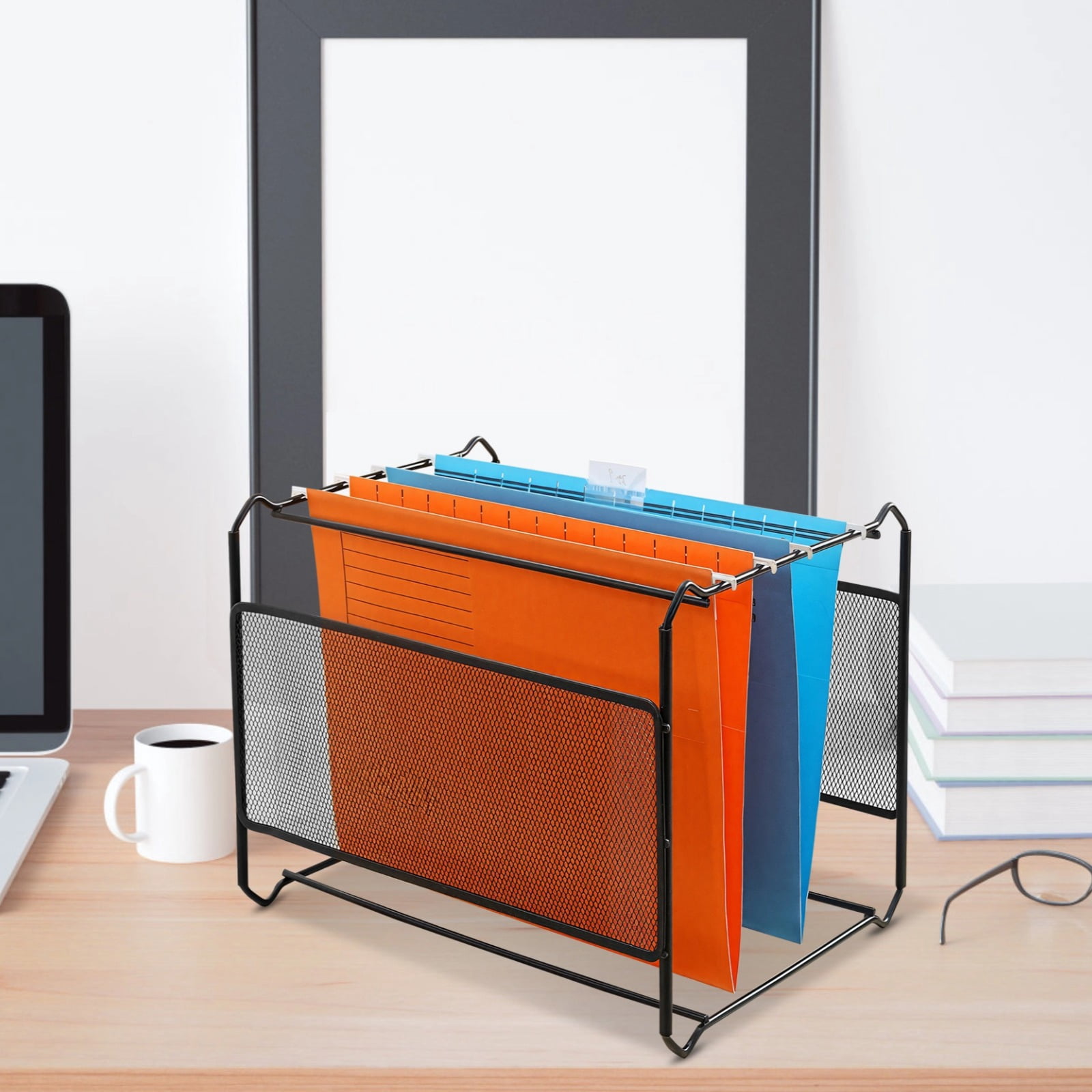 2 Pack Hanging Mesh File Folder Organizer, Detachable Metal Storage Baskets for Desk, Letter Size Document Holder, Office Home Space Saving Desktop Shelf
