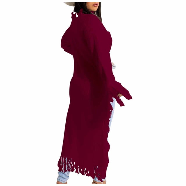 Pompotops Chandail Femme Décontracté à Franges Long Chandail Manches Longues Tricoté Chandail d'Hiver Hauts Blouse Liquidation