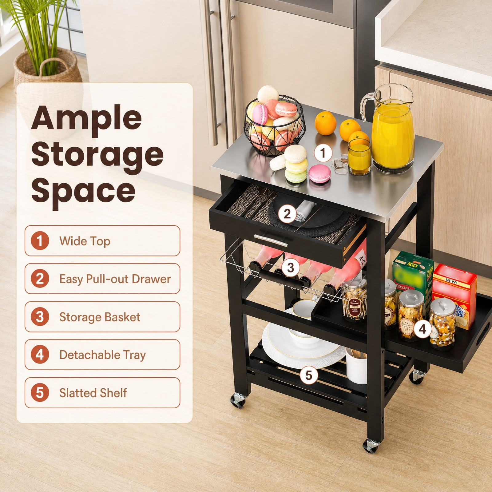 Furnibear Kitchen Island Cart on Wheels with Stainless Steel Tabletop Storage Drawer Wire Basket and Bottom Shelf for Small Kitchens, Black