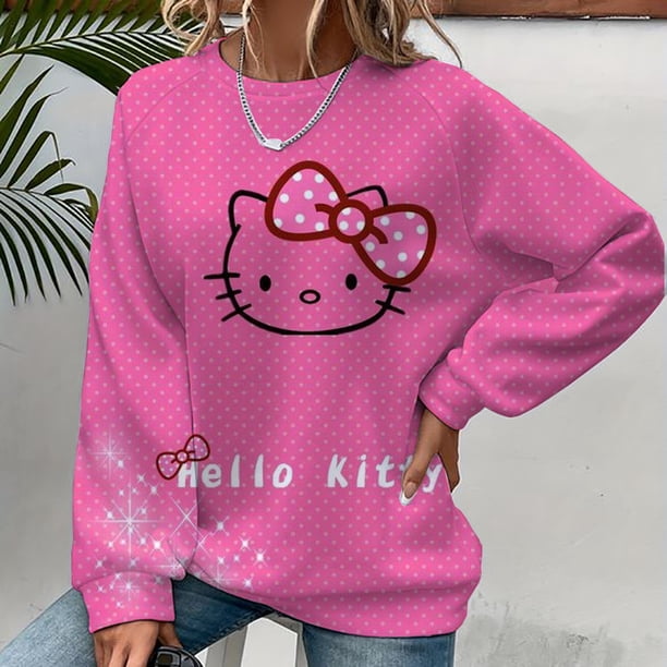 Sudadera estampada de Hello Kitty para mujer, sudadera con capucha navideña para mujer, ropa con estampado Y2K, suéter informal de cuello redondo