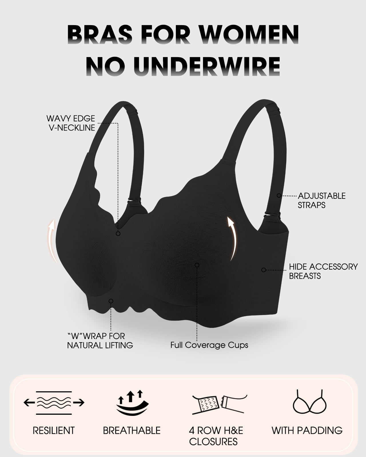 USEASY Seamless Bras for Women No Underwire Wireless Full Coverage Push Up Bralette Comfort Scalloped T-Shirt Bra