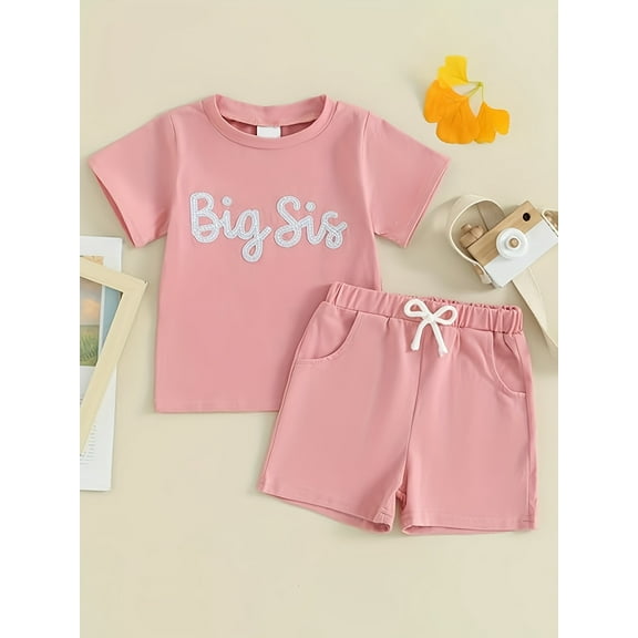 Zehjuhan Toddler Baby Girl Outfits Big Sister Short Sleeve Letter Print T-Shirt Shorts 2Pcs Summer Clothes