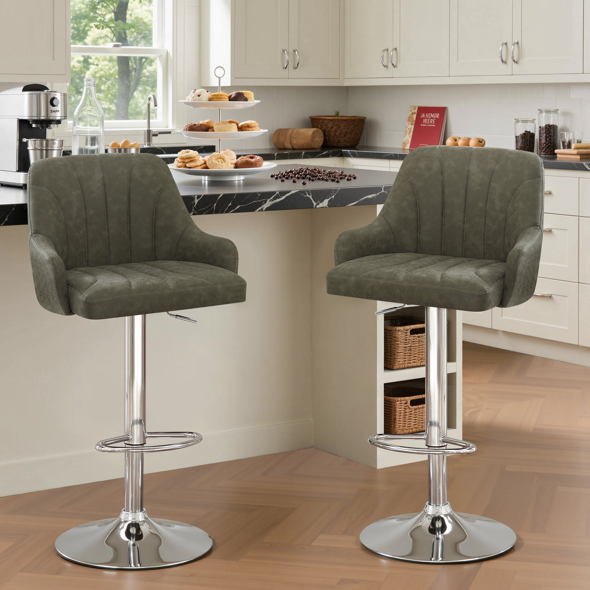 VECELO Set of 2 Swivel Bar Stools, Adjustable Counter Height Barstools Faux Leather Chair with Backrest and Armrest, Dark Gray