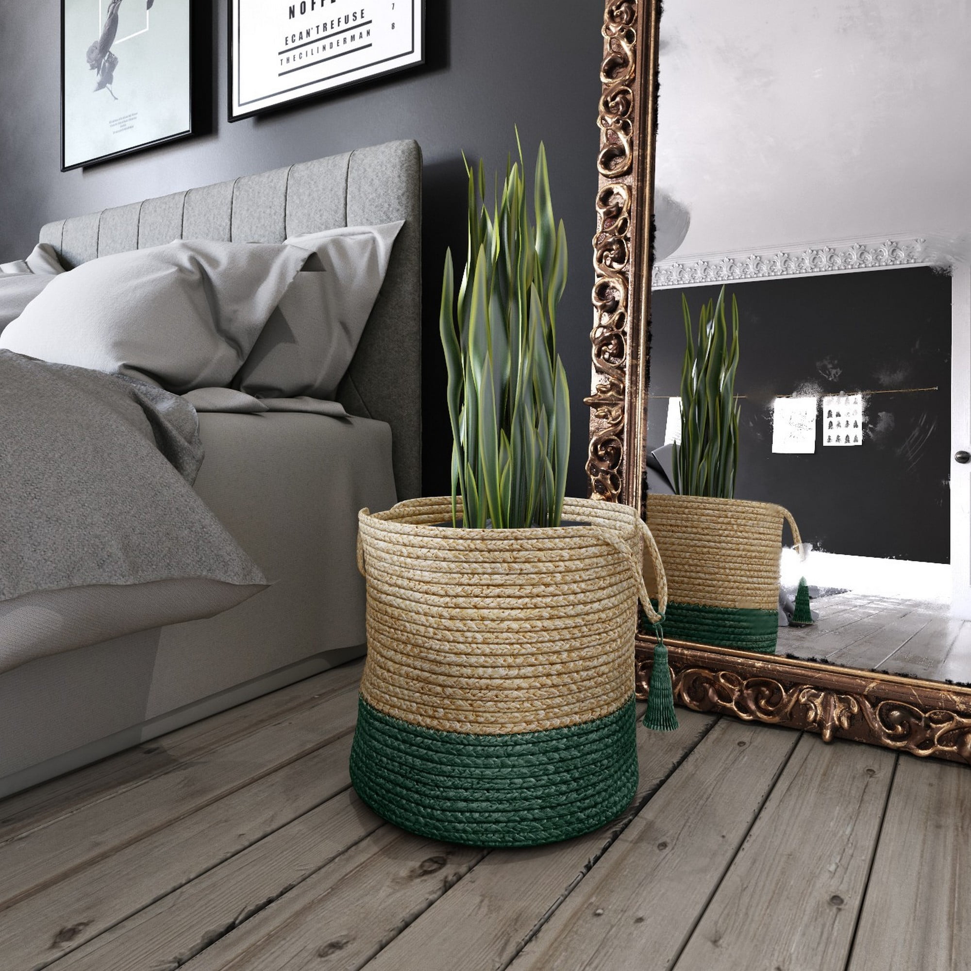LR Home Woven Round Jute 19" Storage Basket with Handles, Green Stripe