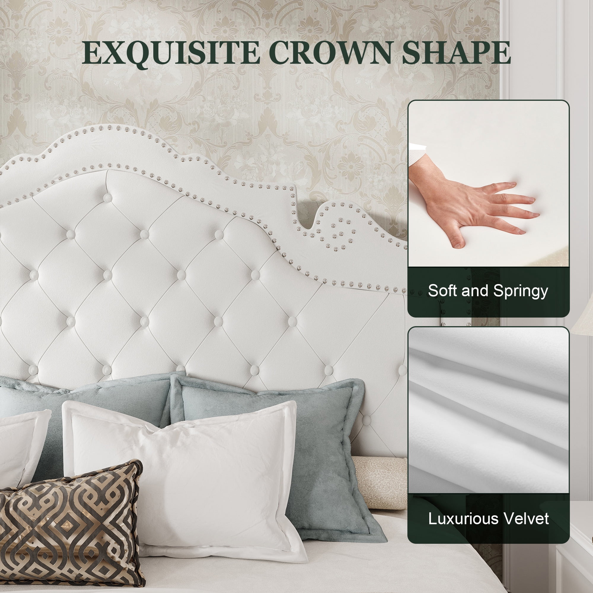 Amolife Queen Bed Frame with Adjustable Crown-Shaped Headboard, Upholstered Platform Bed, No Box Spring Required, White