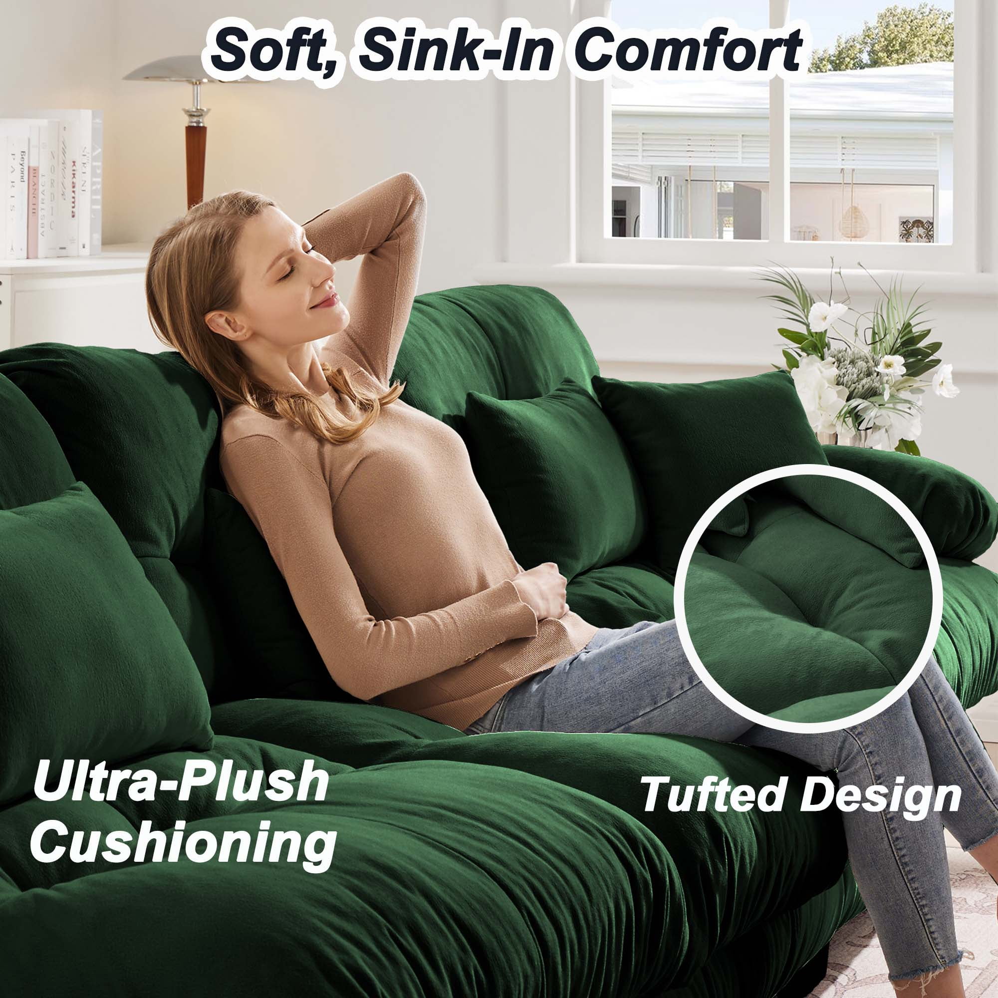 94.4" Cloud Chenille Loveseat Sofa, Oversized Deep Seat 2 Seater Couch for Living Room with Pillows，Green