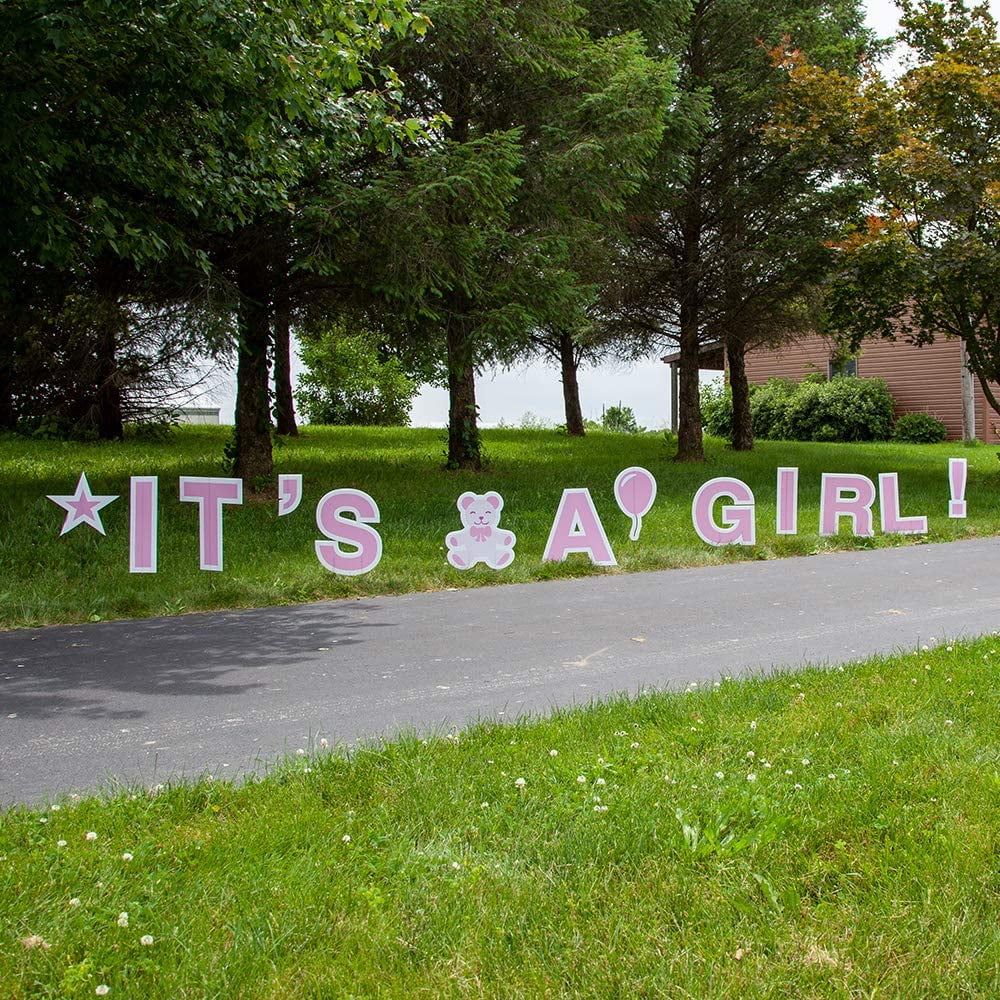 &nbsp;It’S A Girl Pink Yards Sign with Stakes – Each Letter is 18in Tall – Includes Bonus Star, Teddy Bear, and Balloon Signs – Weather-Resistant Signs and Steel Stakes