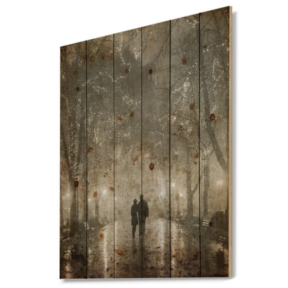 Designart 'Couple Walking in Night Lights ' Landscape Print on Natural Pine Wood