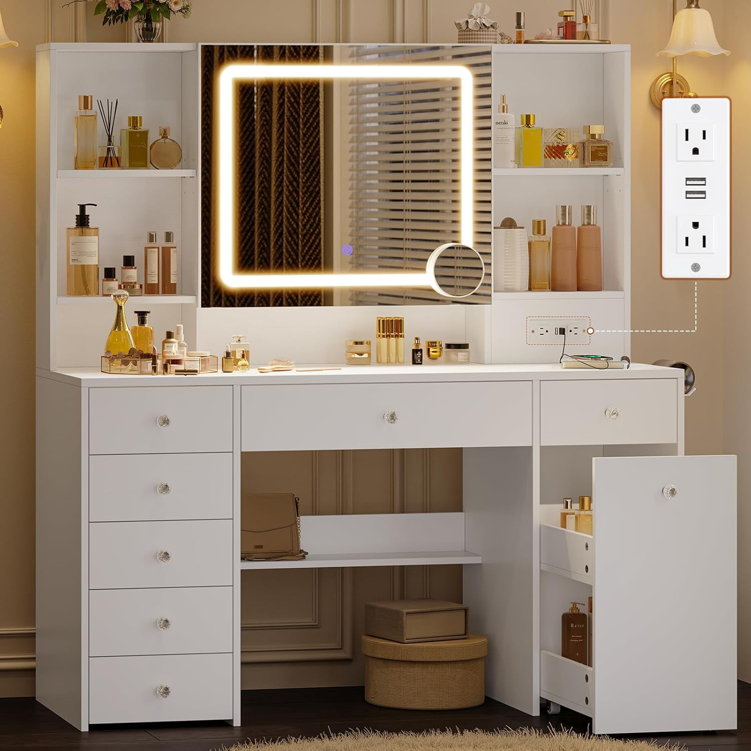47.2“ Large Vanity Desk with Mirror and Lights,Power Outlet,7 Drawers,Pull-Out LED Mirror with 3 Light Modes,Brightness Adjustable,Rolling Makeup cart,Crystal Handles, hairdryer Rack,White