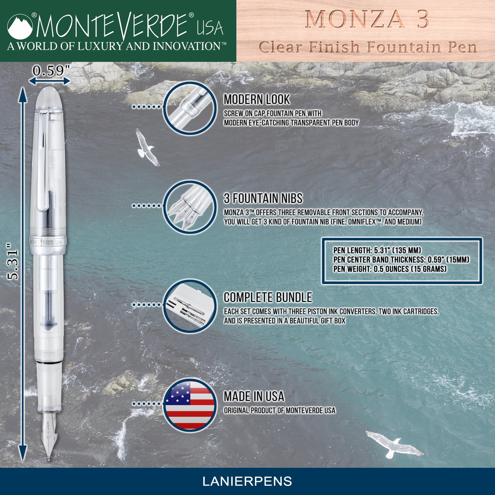 Monteverde Monza 3 Set Crystal Clear Fountain Pen - Clear