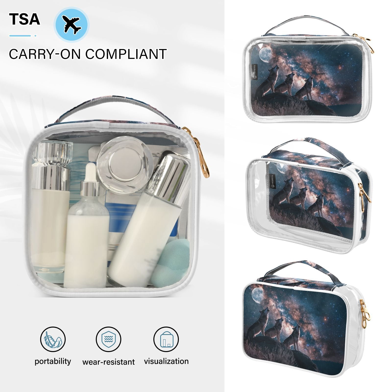 Clear Makeup Bags with Handle Large Opening 2 Pack Set Toiletry Bag Quart Size Bag, for Women Man Traveling Travel Essentials, Toiletries and Other. Wolf