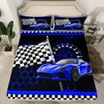 thumbnail image 2 of Manfei Cartoon Race Car Twin Sheet Sets for Kids, Blue Honeycomb Buffalo Plaid Twin Fitted Sheet, Modern Extreme Sports Flat Sheet, Luxury Bedroom Decor, 3-Piece, 2 of 7