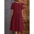 thumbnail image 3 of Womens Summer Cotton Linen T Shirt Dress Casual Loose Fit Crewneck Short Sleeve Midi Dresses with Pockets Wine Red XL, 3 of 5
