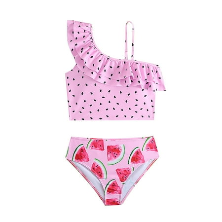 Toimothcn Girls Swimsuits One Shoulder Cute Sweet Watermelon Printed 2 Piece Bikini Set Quickly Dry Cover Up Swimwear 9-10 Years