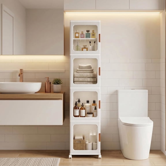 Avaloomia Home 4 Tier Stackable Storage Bins with Lids and Wheels, 168QT Collapsible Bathroom Cabinets Plastic Closet Organizer, White