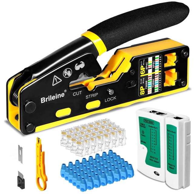 Kit de herramientas de crimpado Brileine RJ45 Pass Through para Cat6 con comprobador