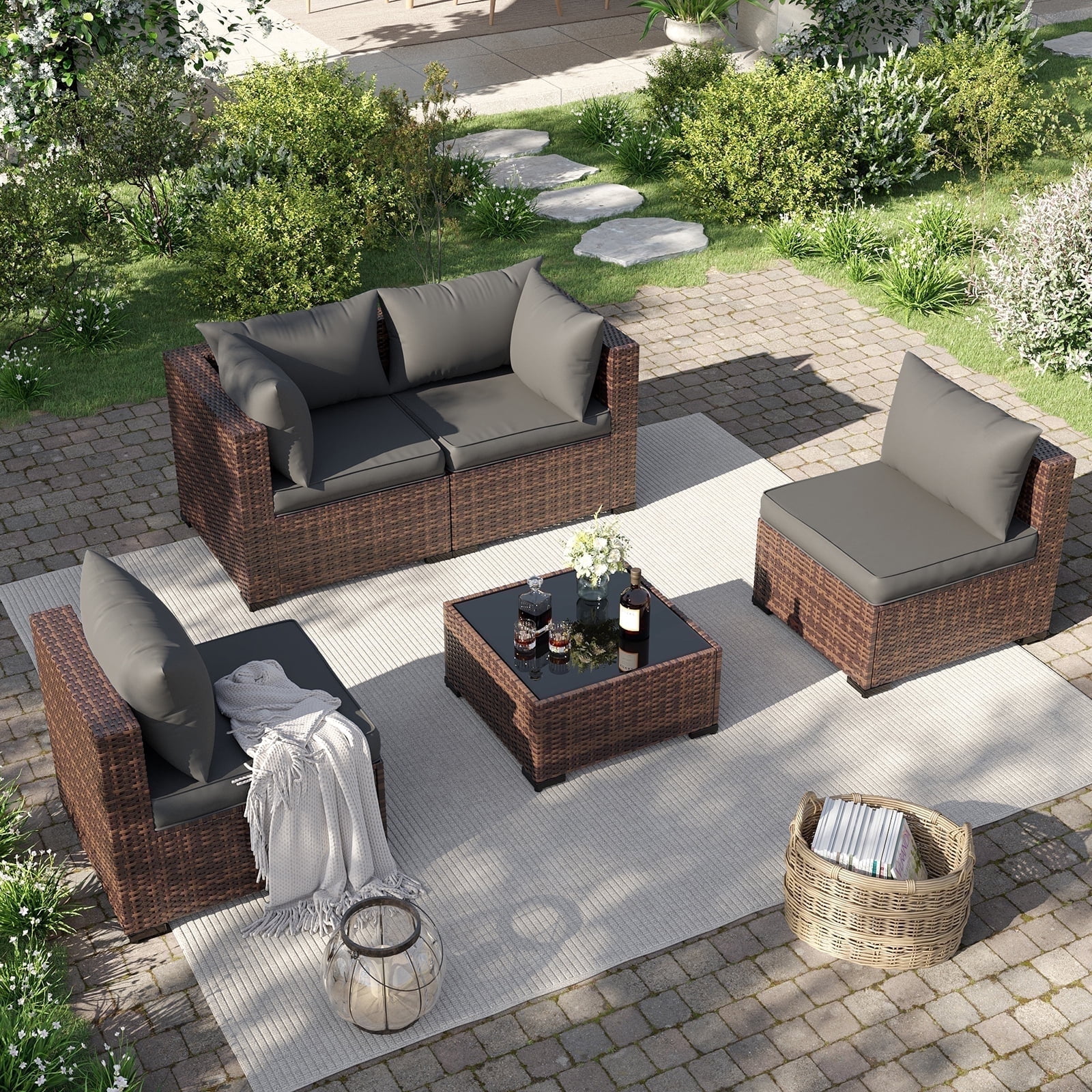 ELPOSUN 5 Pieces Patio Furniture Set All Weather Outdoor Sectional Sofa, Outdoor Modern Sectional Furniture Wicker Couch with Glass Coffee Table, Thicken Gray Cushions, Water Resistant