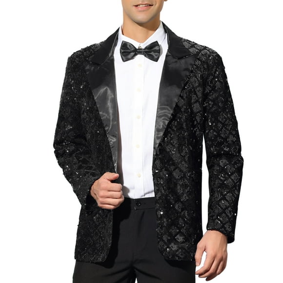 BLAZERS DE HOMBRE INSPIRE CHIC Con Solapa Pico, Un Botón, Brillante, Argyle, Lentejuelas, XL Negro