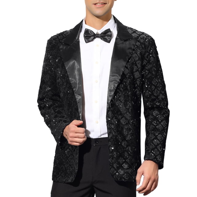BLAZERS DE HOMBRE INSPIRE CHIC Con Solapa Pico, Un Botón, Brillante, Argyle, Lentejuelas, XL Negro