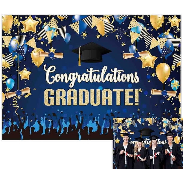 Otra decoración de pared 200x150 cm Fondo de graduación para fotografía Felicitaciones azules y doradas Clase de graduación de 2022 Suministros para fiestas de graduación Decor