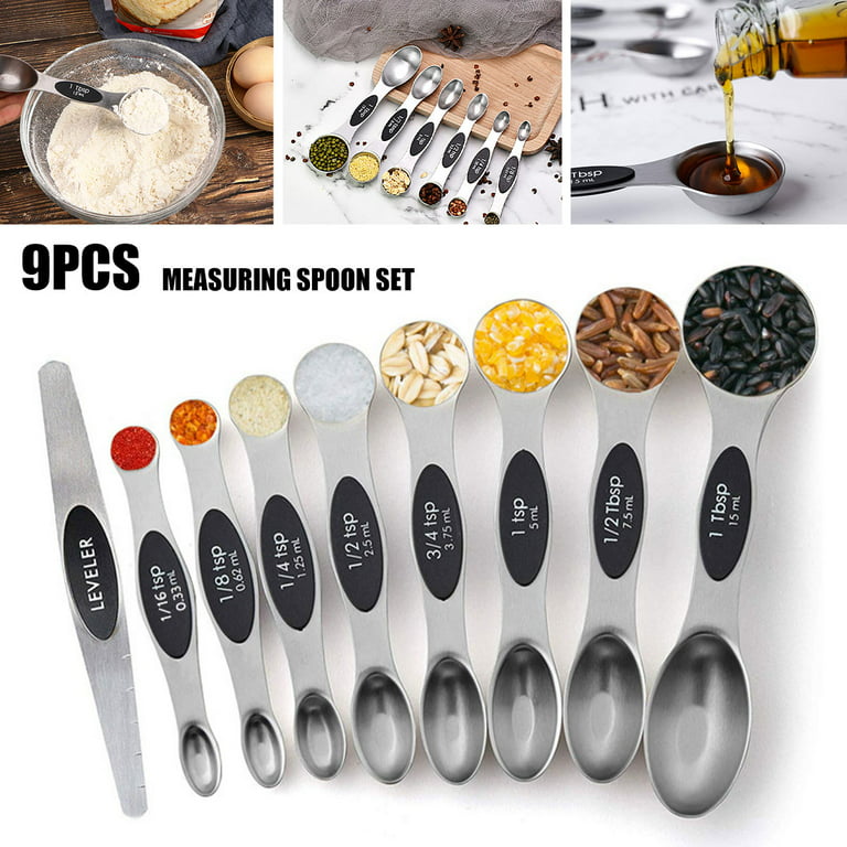 Magnetic Measuring Spoons Set Stainless Steel with Leveler, Stackable Metal Tablespoon Measure Spoon for Baking, Measuring Cups and Spoon Set Kitchen