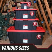 (Pack of 4) Hyper Tough 27 Gallon Large Storage Bin with Snap Lid, Black and Red, Heavy Duty Plastic Storage Container