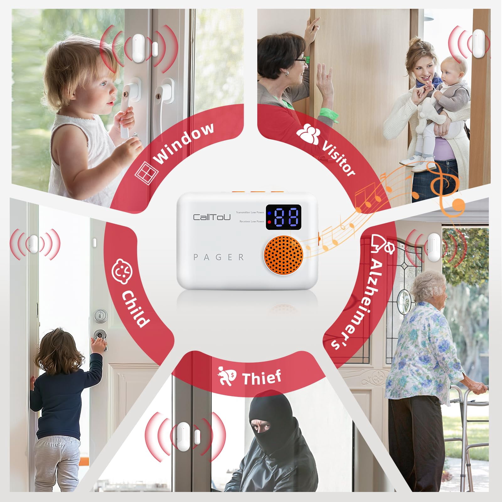 CallToU Portable Door Chime with 4 Door Sensors and 1 Receiver, 500ft Range, 2 Chime Tones & Adjustable Vibration, Entry Alert for Home, Office, or Business