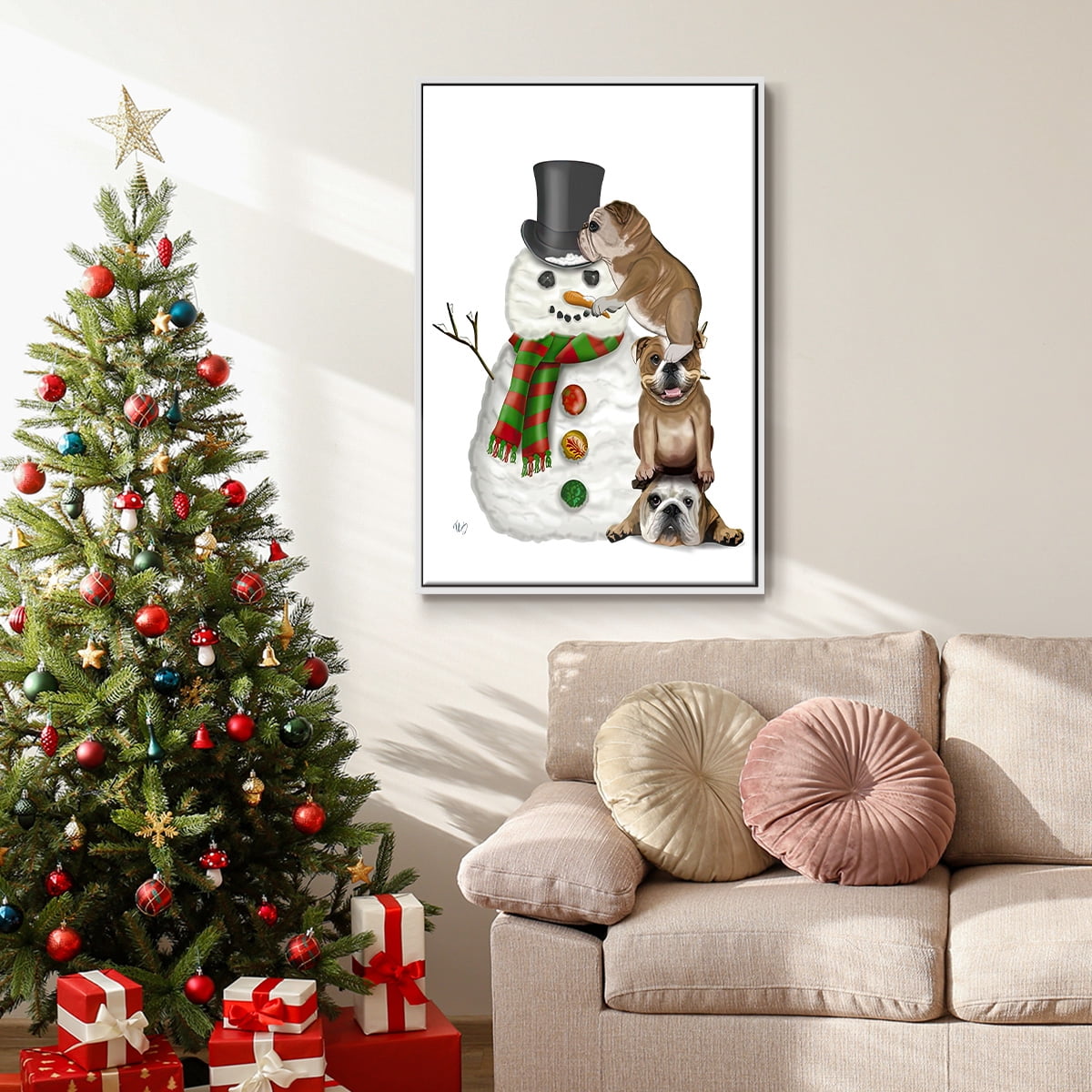 Christmas English Bulldogs Building Snowman - Framed Gallery Wrapped Holiday Canvas - 17 x 25 - White Frame