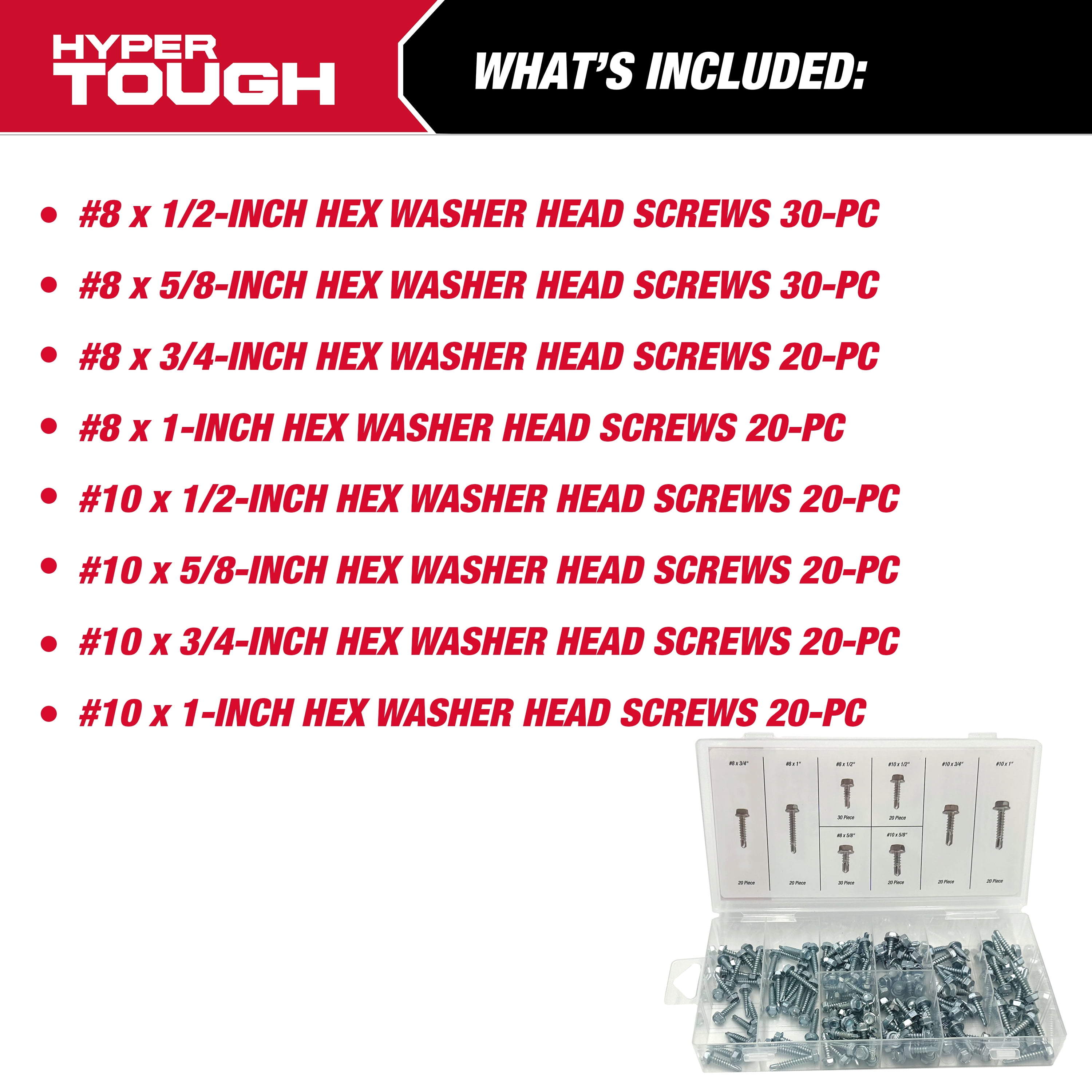 Hyper Tough Zinc Plated Steel Self Drilling Screw Set with Clear Case, 180 Piece
