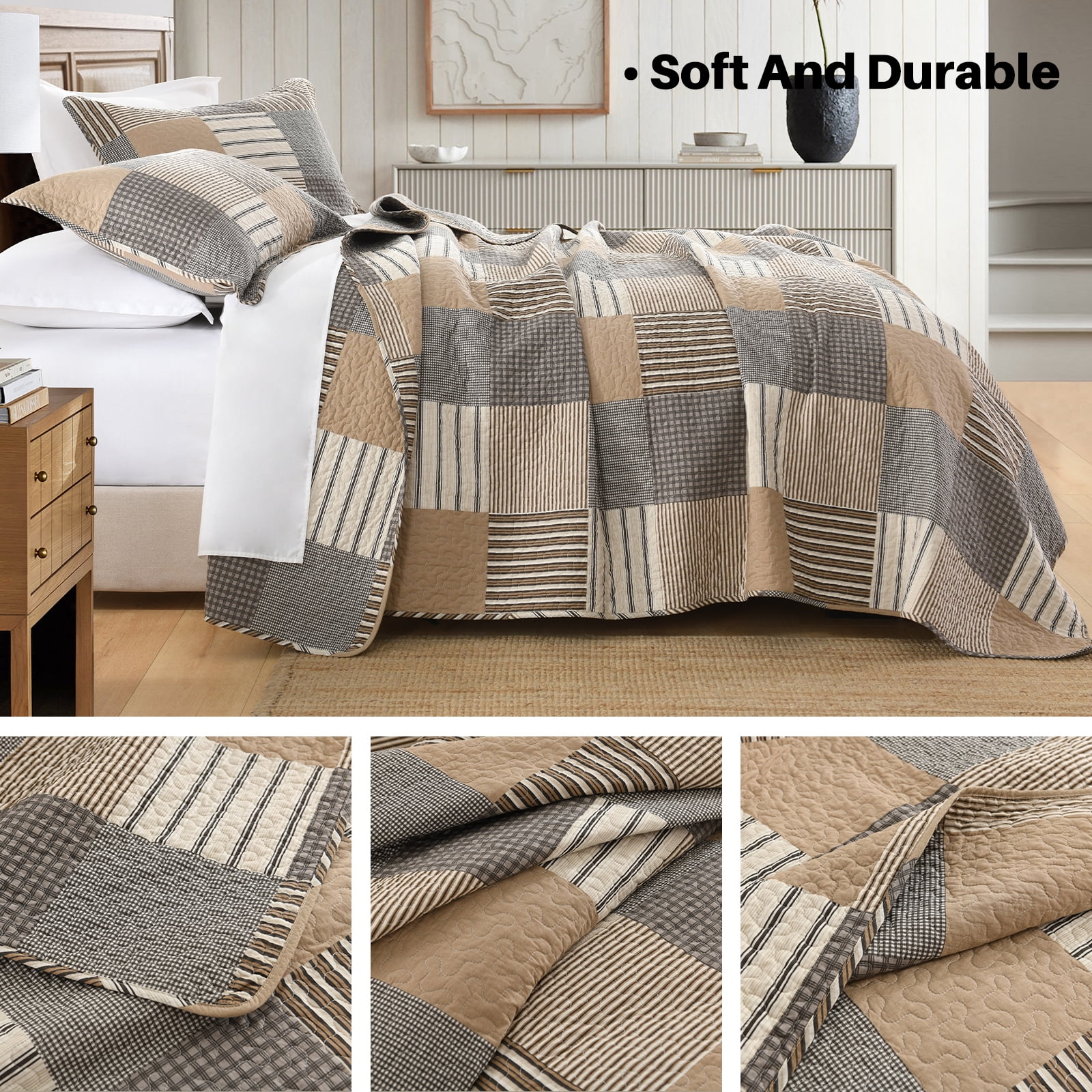 Bedduvit Brown Plaid Queen Size Quilt - 100% Cotton Brown Gray Beige Farmhouse Quilts Bedspread for Queen Bed, Patchwork Cabin Rustic Lightweight Reversible Quilt Set, All-Season 3-Piece Bedding Set