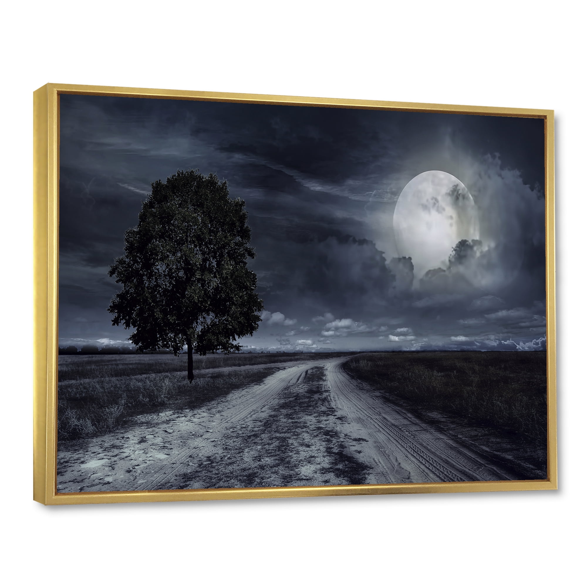 Designart 'A Full Moon Over Paved Road' Nautical & Coastal Framed Canvas Wall Art Print
